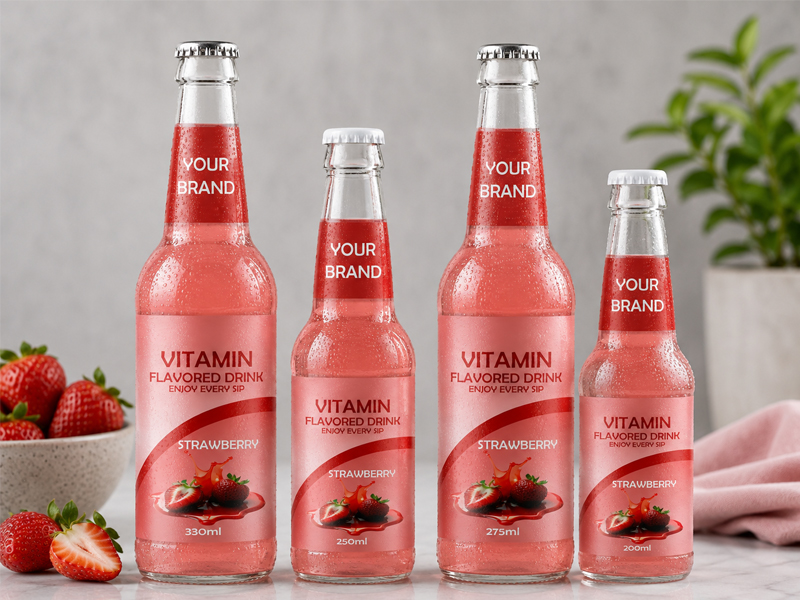VITAMIN FLAVORED DRINK Strawberry flavour in 330ml, 250ml, 275ml, and 200ml glass bottles.